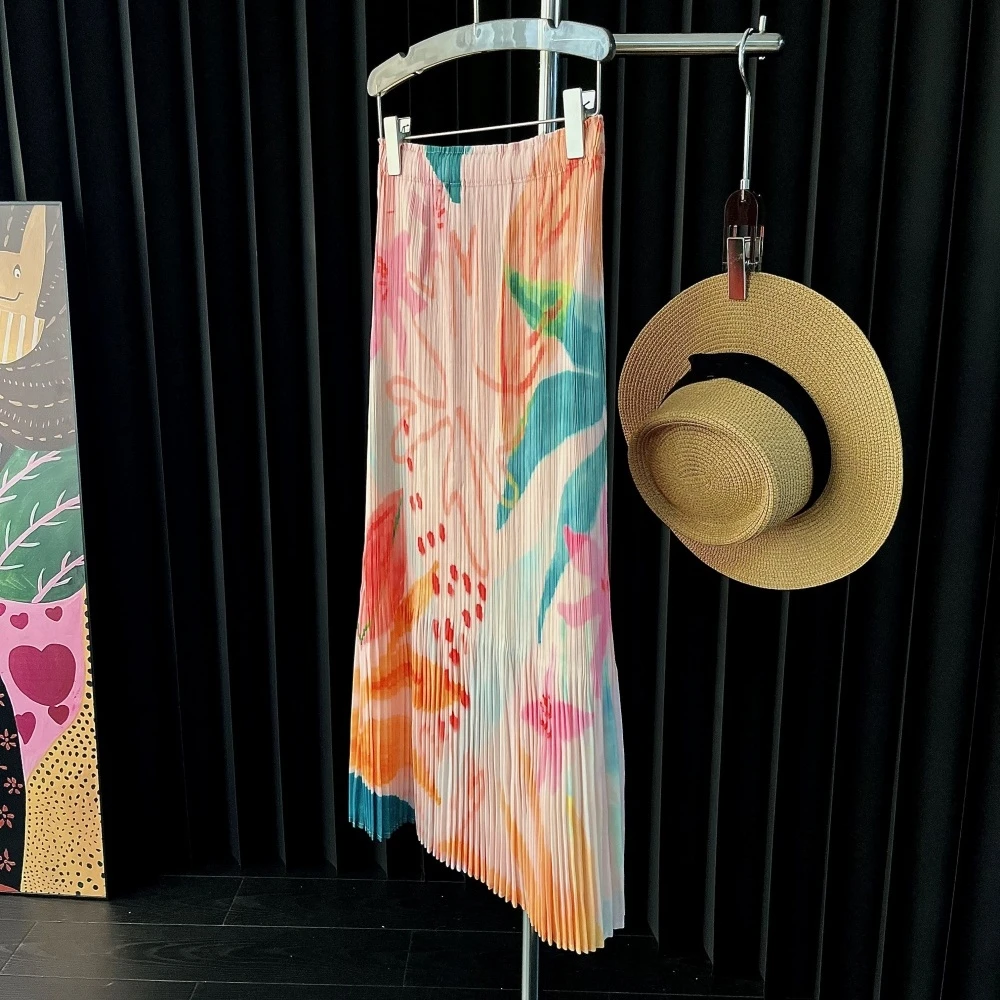 2025年三宅夏季新款半身裙女褶皱纯色简约修身显瘦百搭流苏