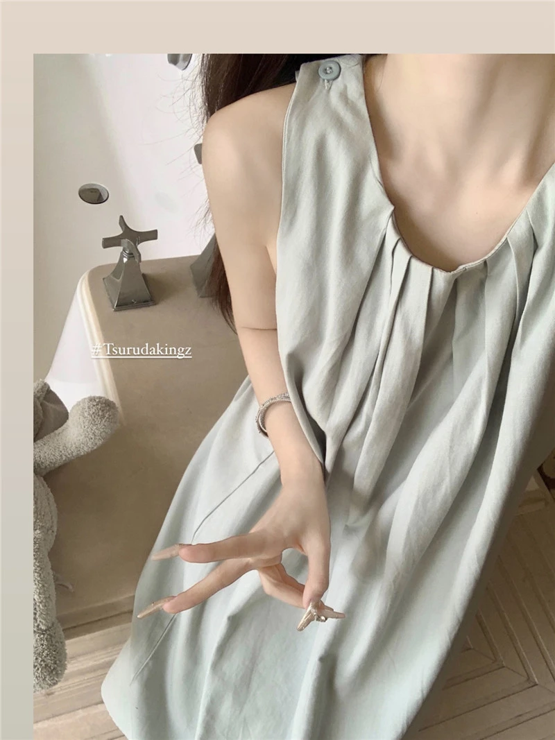 韩国ins简约无袖纯棉睡裙夏季吊带背心中长款睡衣女家居服可外穿