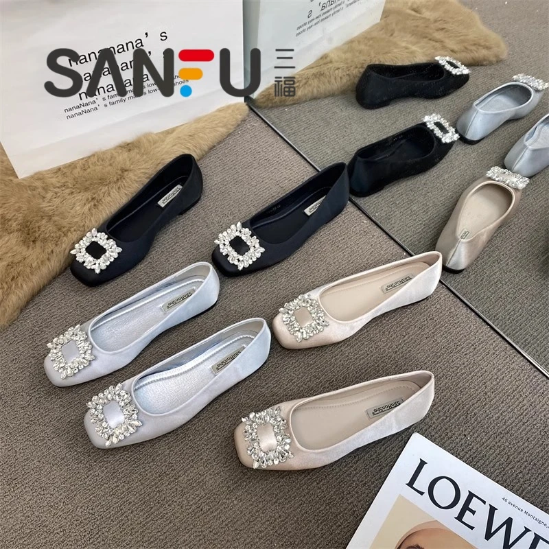 三福2025春季新款法式百搭方头平底单鞋女仙女鞋水钻气质软底瓢鞋