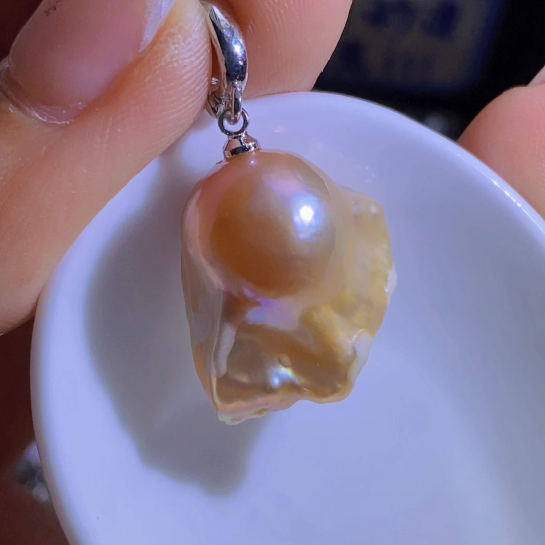 银S925镶嵌淡水珍珠天然珍珠无染色，无优化