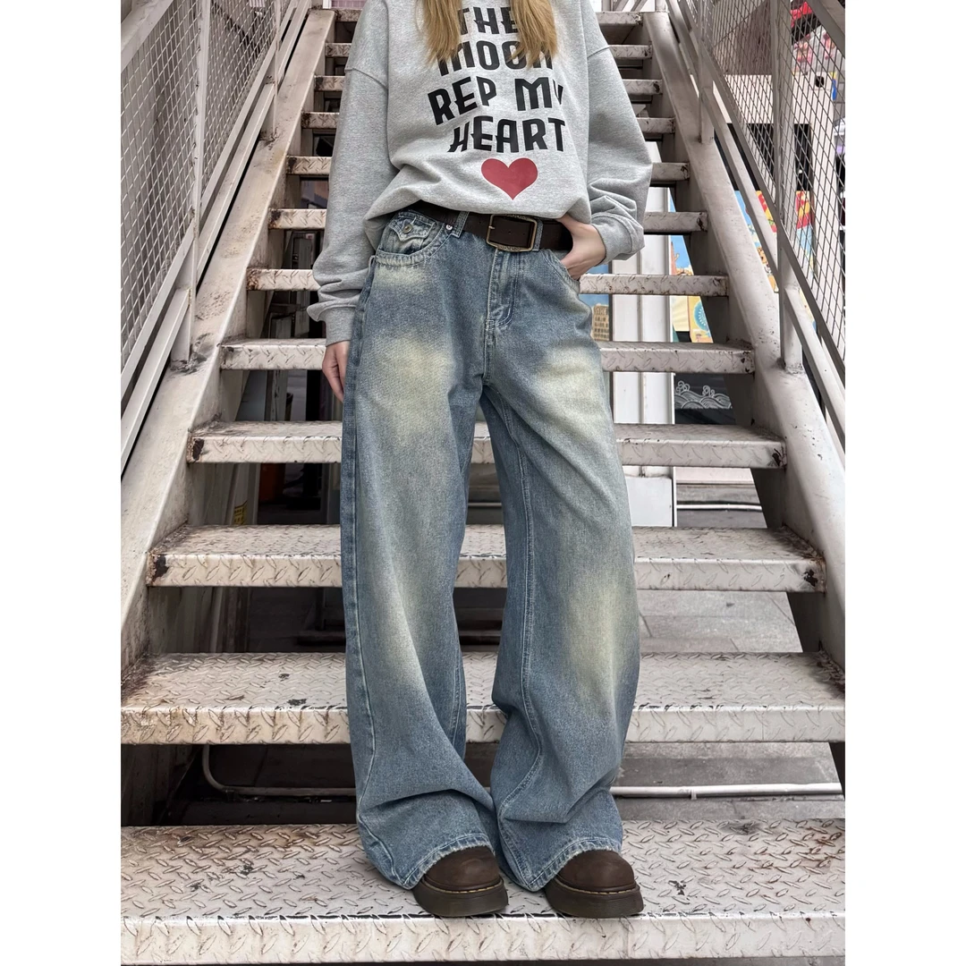 XFX 国潮美式复古宽松直筒水洗牛仔裤女阔腿街头休闲cleanfit长裤