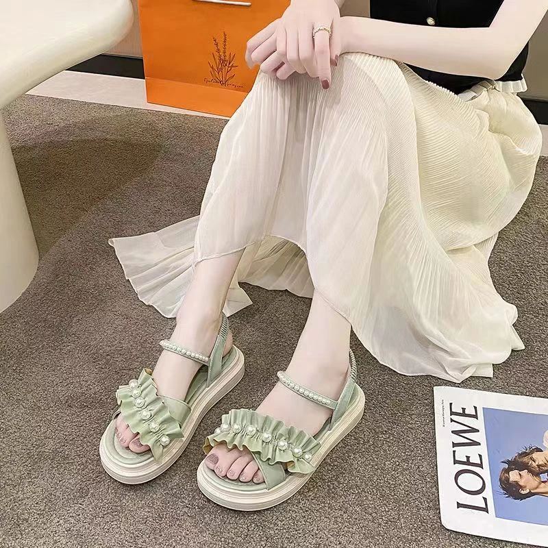 时尚凉鞋女夏季厚底2025新款百搭松糕两穿仙女风罗马软底碎花凉鞋