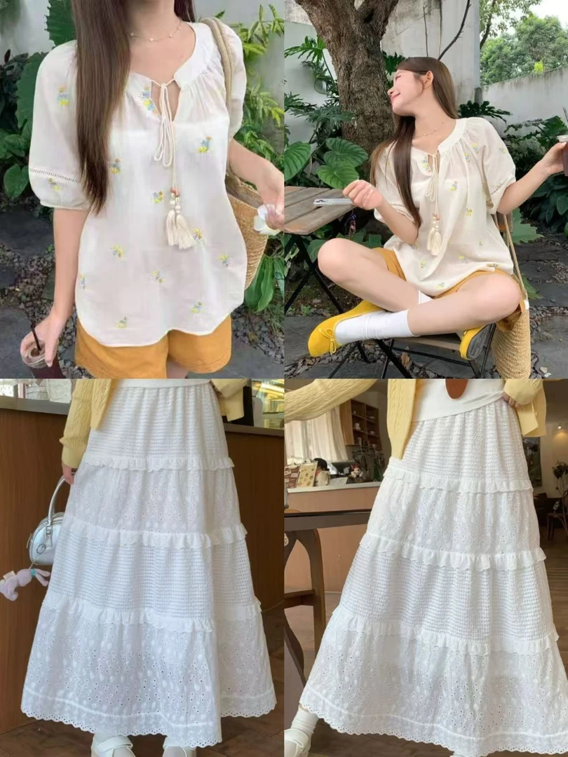 LL琳法式甜美白色蕾丝拼接钩花半身裙高腰蛋糕裙子➕上衣两件套