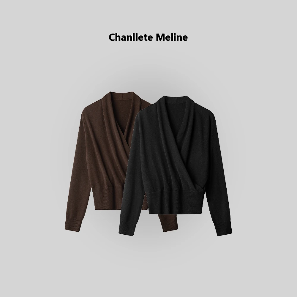 【Chanllete Meline】修身百搭绵羊毛交叉V领长袖针织衫8312