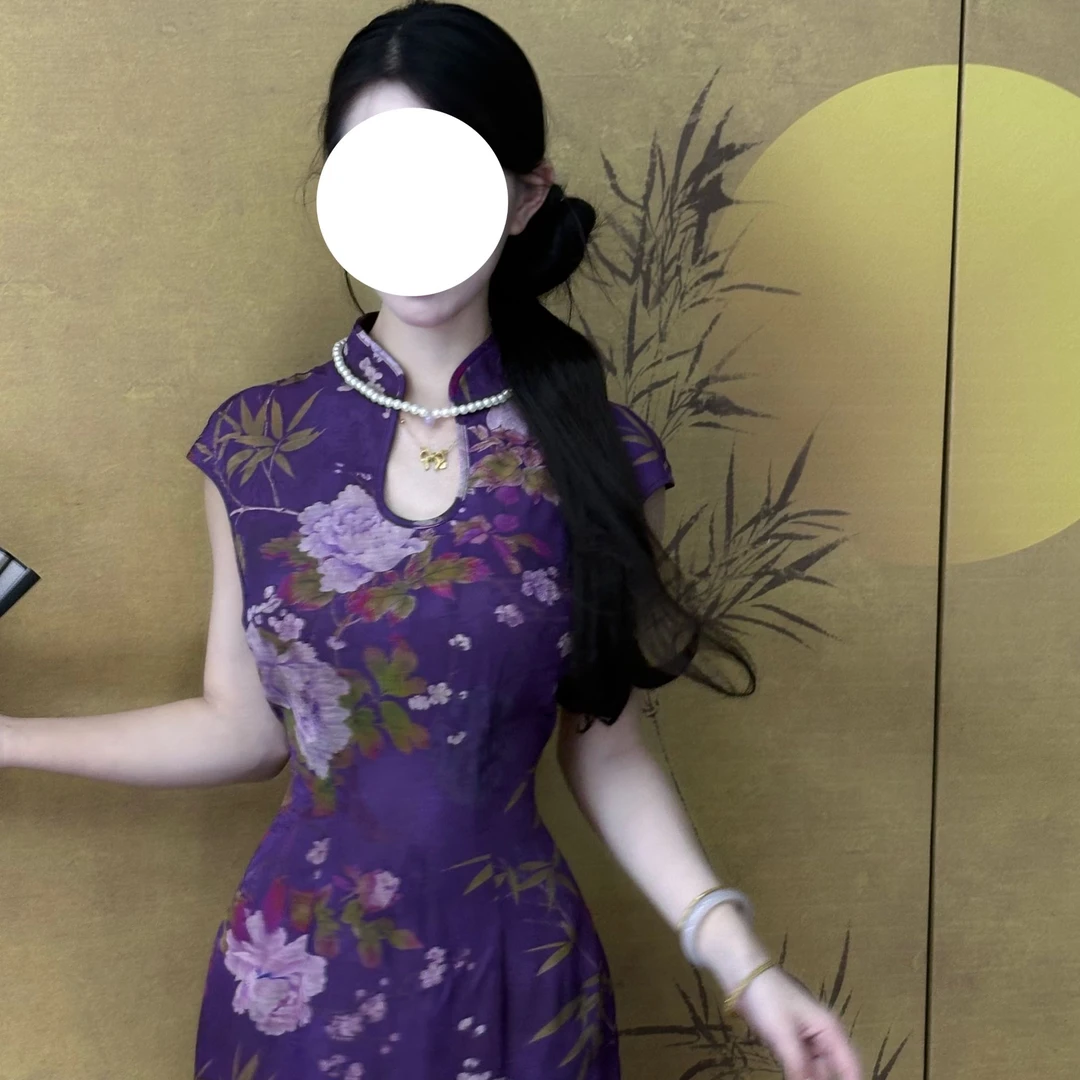 LHMknk1画报夫人原创自制改良夏季显瘦紫色新中式旗袍 紫萱水滴