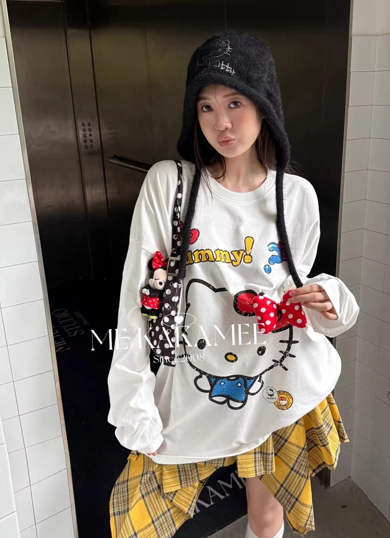 印花早秋新品卡通AB面kitty猫水洗休闲长袖T恤潮流风少女3135