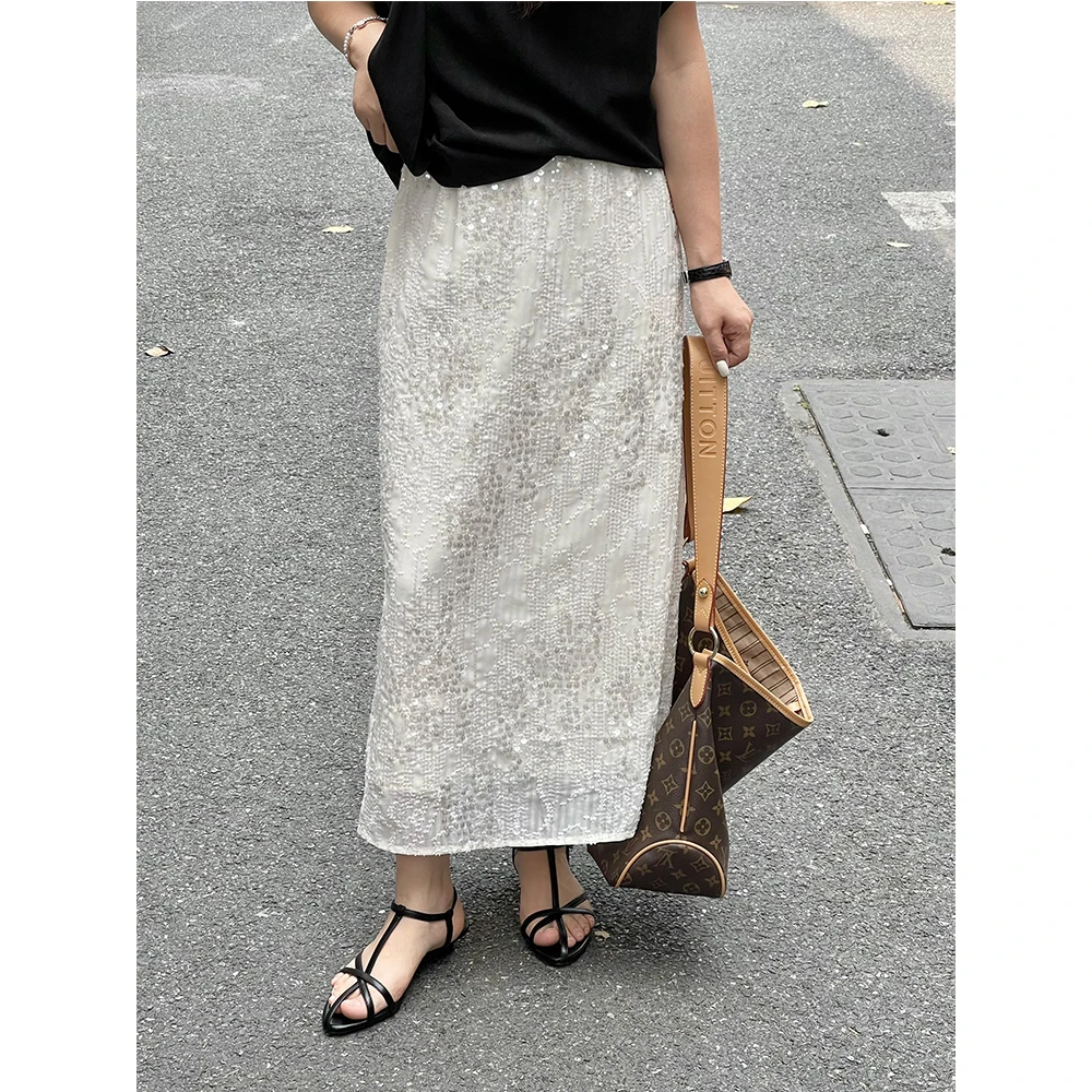 WenWen小个子原创高级感重工亮片松紧腰开衩直筒半身裙夏季3824