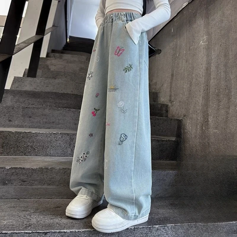 女童直筒牛仔裤春秋款2025新款儿童裤子青少年女孩大童秋季阔腿裤