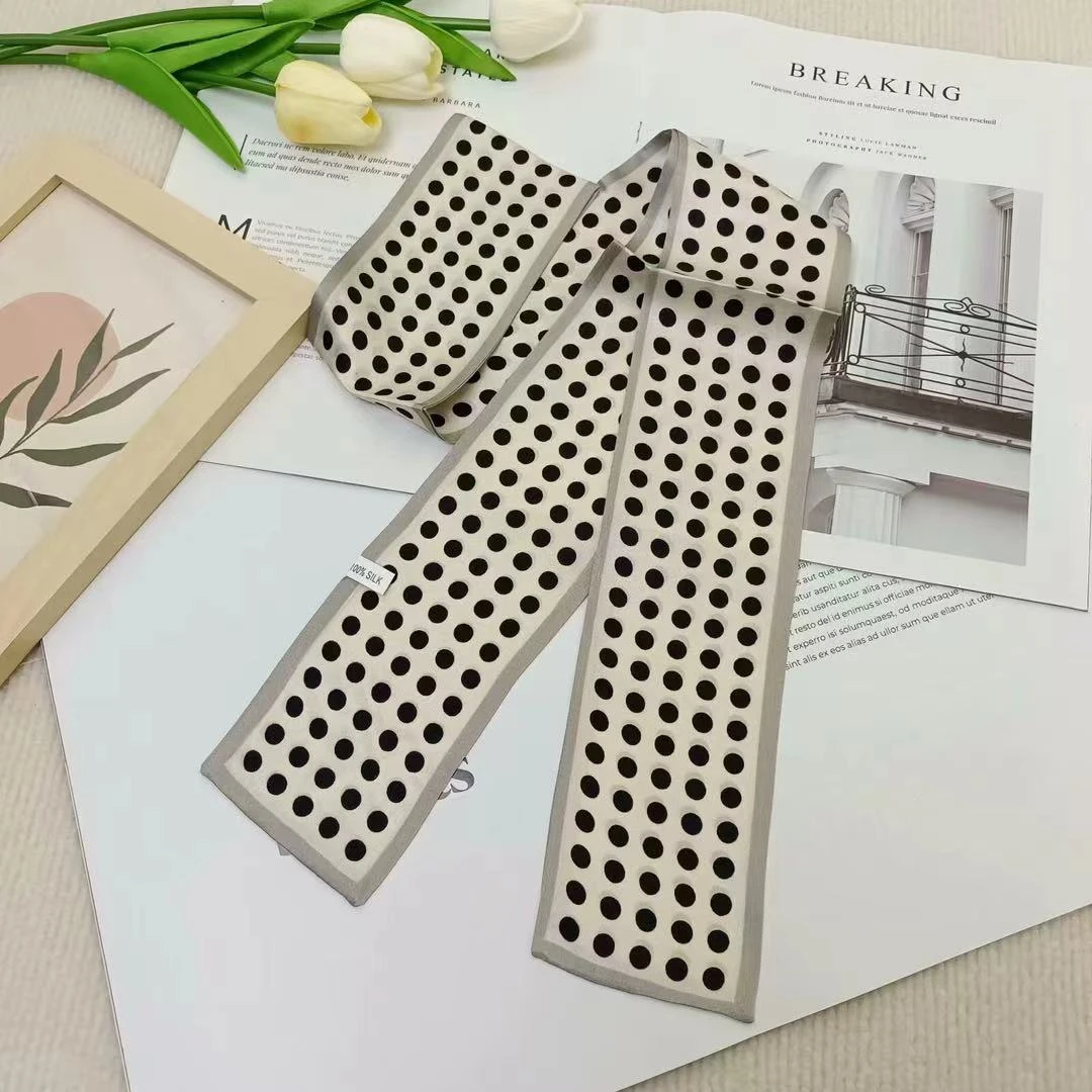 新款 100桑蚕丝气质洋气窄版长条飘带丝巾 黑白圆点