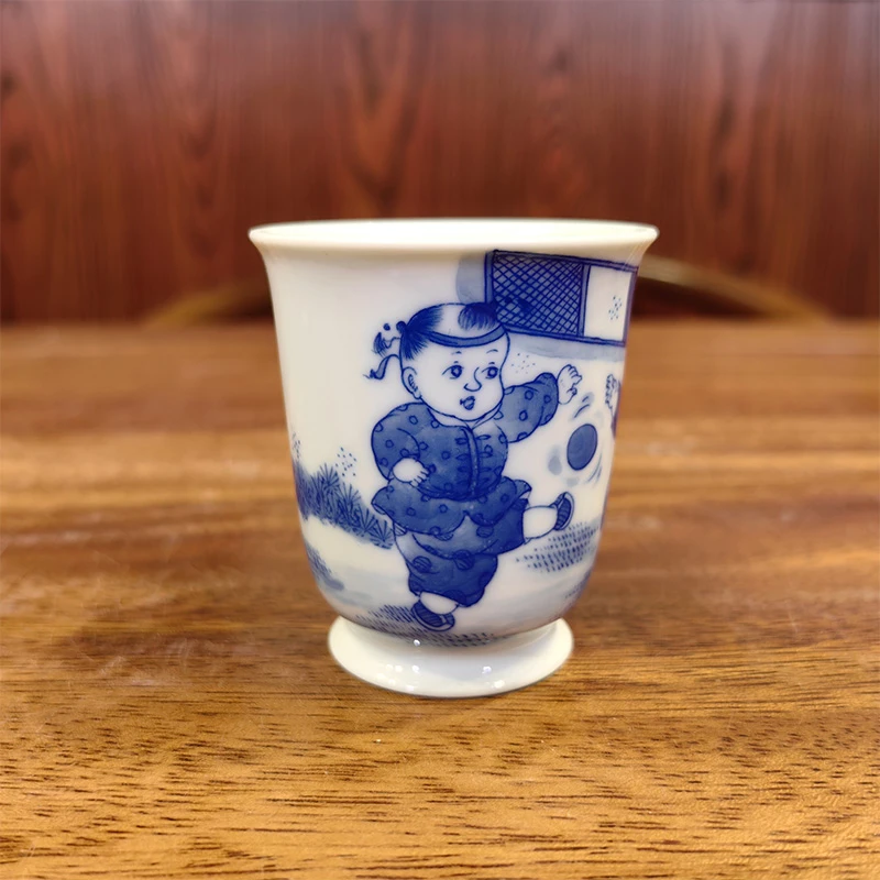 晓剑窑青花童子铃铛杯 两个童子人物杯 景德镇陶瓷青花婴戏主人杯