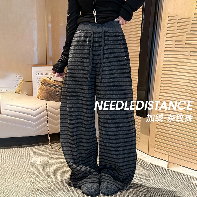 贴标条纹拖地加绒阔腿裤女欧洲站2025冬装新款欧货女装休闲裤子潮