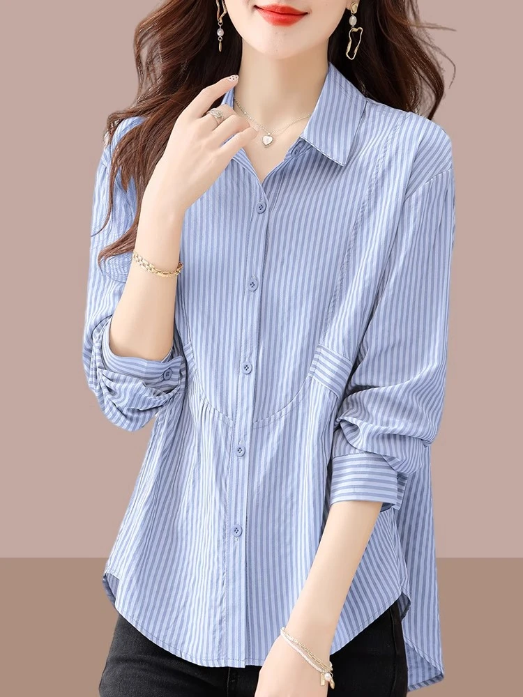 女士衬衫时尚遮肚子条纹上衣2025秋季大码洋气质今年流行漂亮小衫