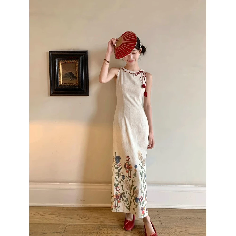 新中式无袖背心连衣裙女夏季2025新款设计感印花收腰修身显瘦长裙