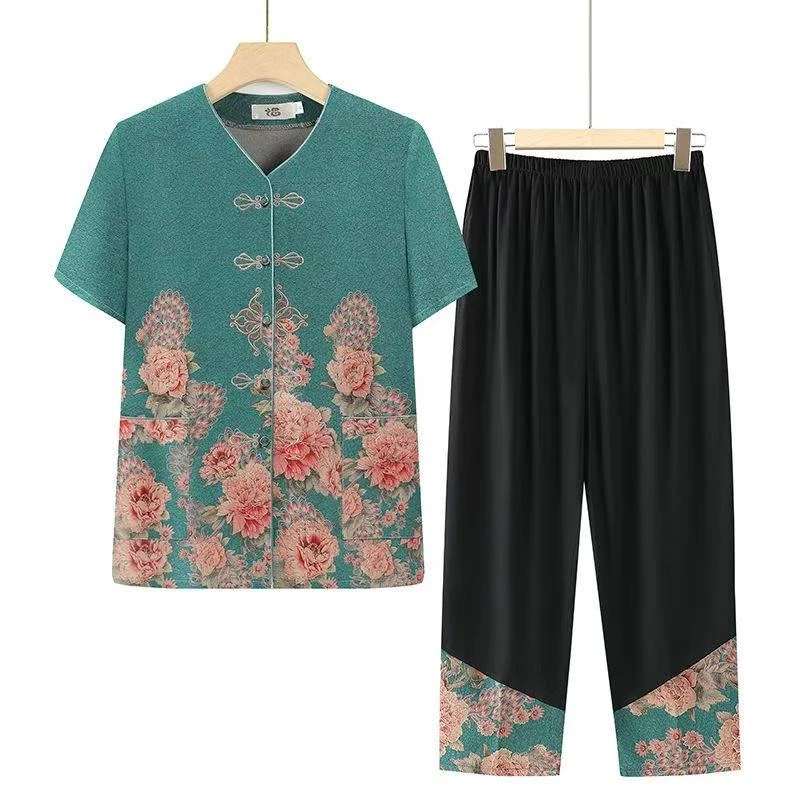 8790-夏装两件套女短袖开衫上衣宽松套装九分裤妈妈装【华桥】