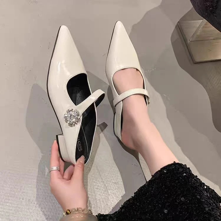 2025新款简约尖头水钻气质单鞋女外穿包头半拖鞋时尚百搭穆勒鞋潮