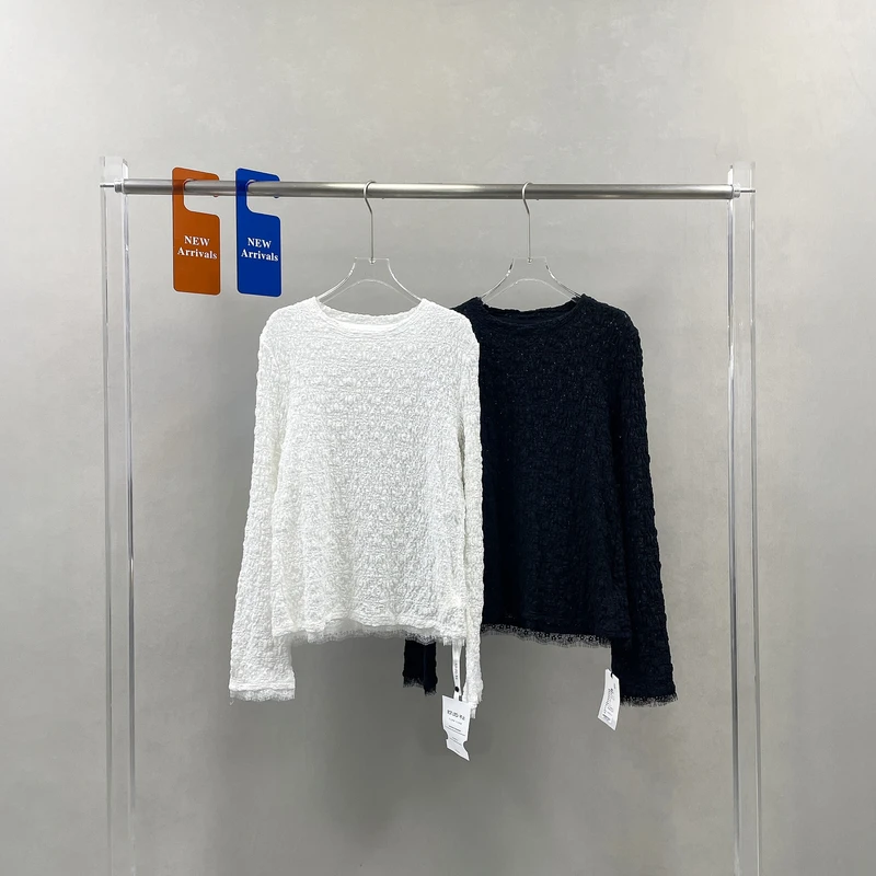 欧洲站春夏新款圆领长袖蕾丝边拼接白色打底衫女时尚百搭上衣2103