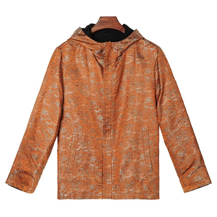 99035 男士双层双面穿连帽外套 桑蚕丝浮雕缎香云纱新中式上衣