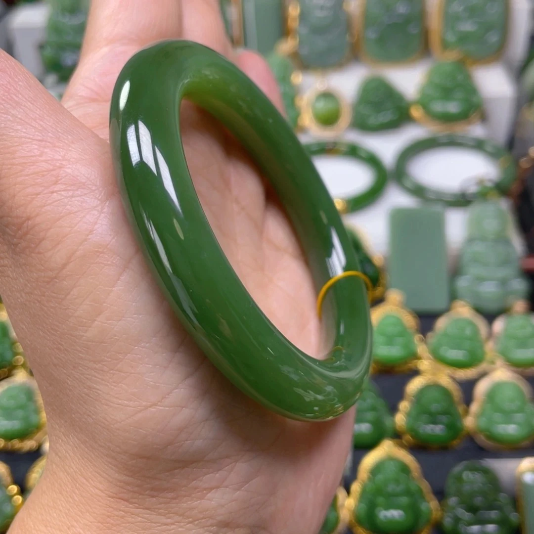 猴教授珠宝纯天然正宗俄料碧玉玻璃底浓粉绿猫眼手镯56mm