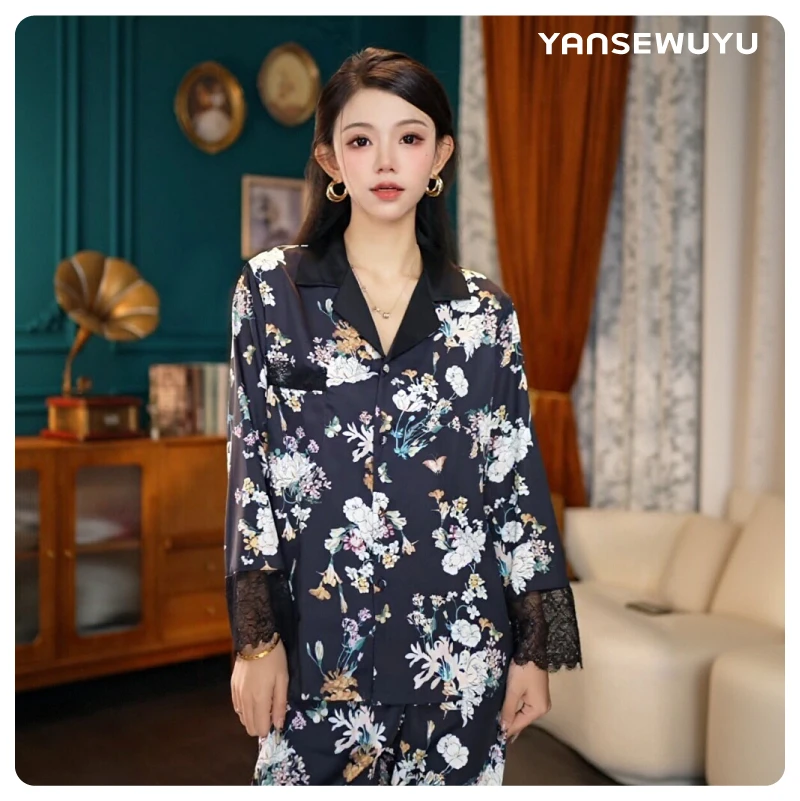 【叶蔓繁花】黑底繁花丝质时尚睡衣女款家居服蕾丝拼接长袖女