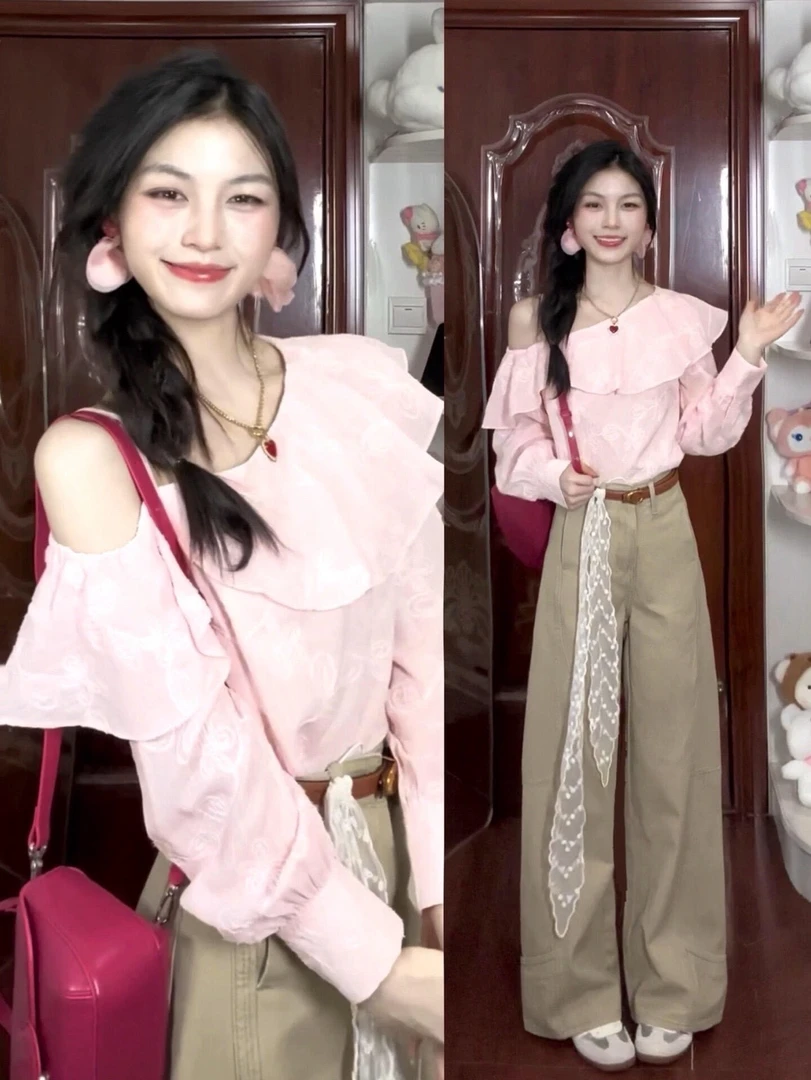 法式不规则荷叶边斜肩长袖衬衫女早秋季甜美温柔风设计感露肩上衣