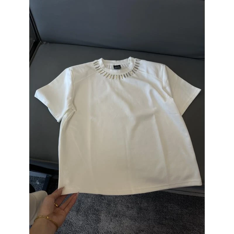 Z137 季美式复古宽松短袖小众设计领口钉珠装饰圆领短袖T恤