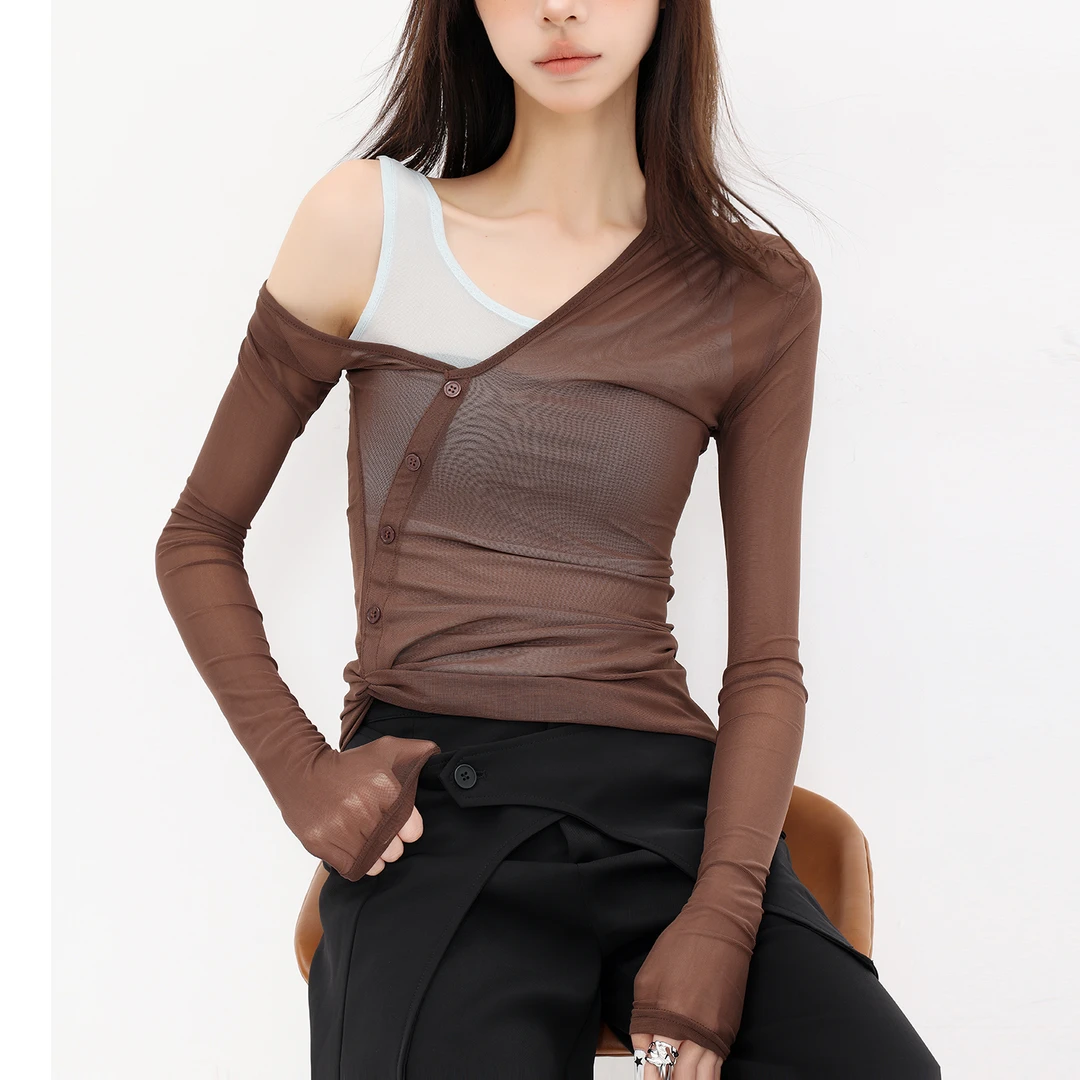 QIUQIU STUDIO假两件网纱拼接长袖T恤女修身显瘦辣妹打底衫上衣