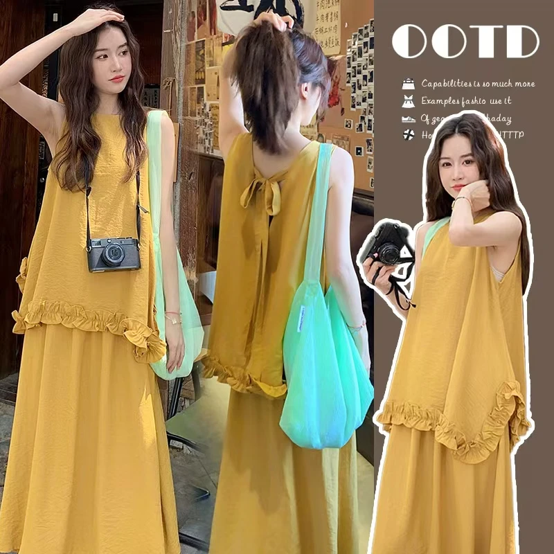 孕妇连衣裙套装夏2025新款法式皱褶薄款无袖背心上衣半身裙两件套