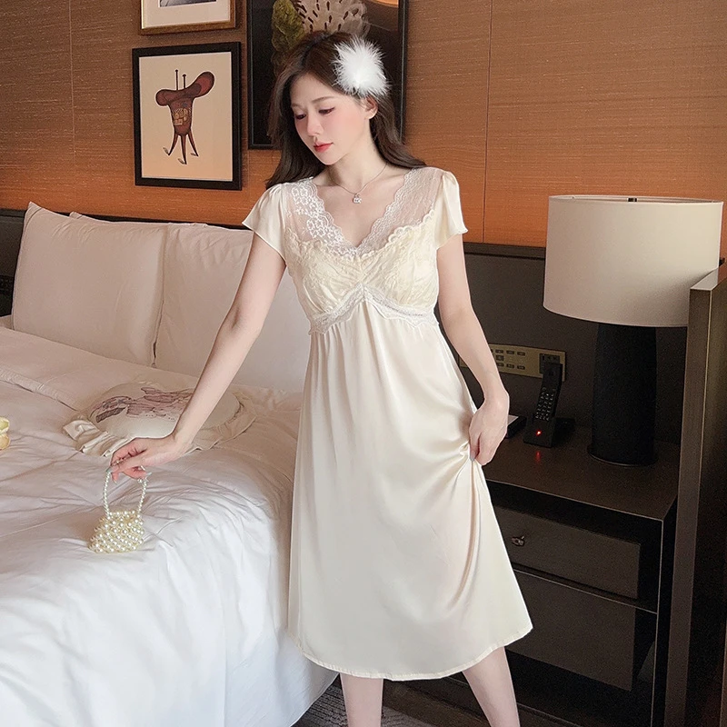 【杏雨】带胸垫温柔白月光长裙短袖睡裙女柳叶丝夏季睡衣蕾丝家居服