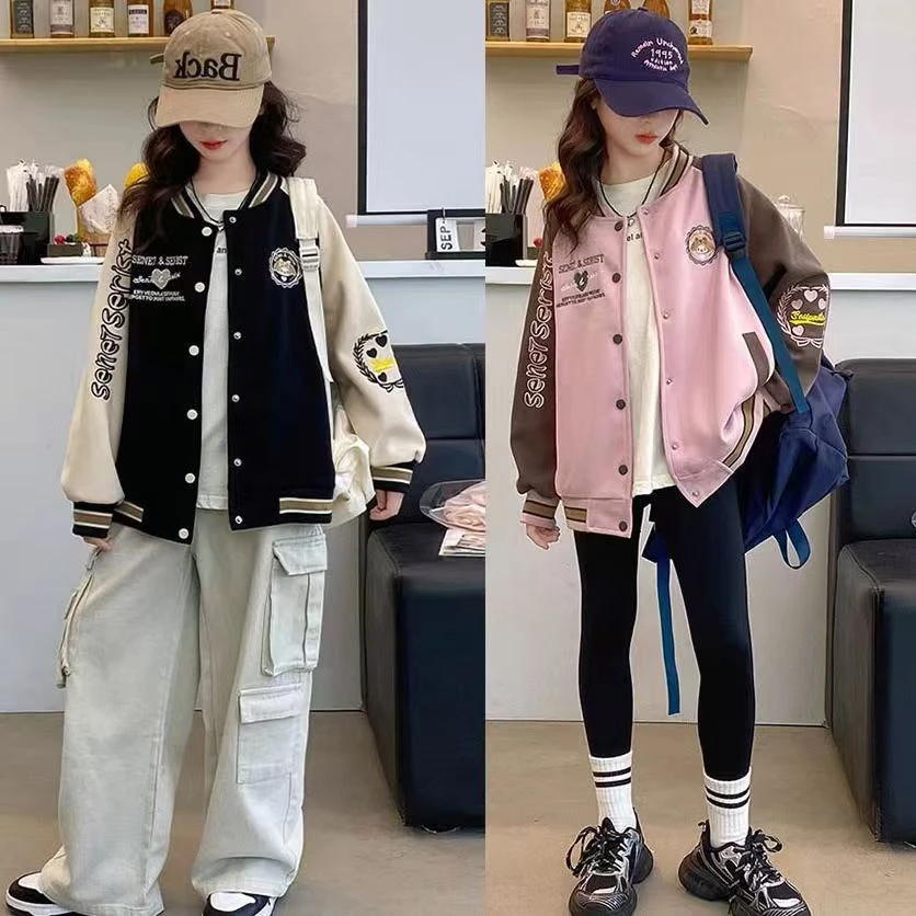 女童春秋棒球服外套儿童中大童时尚休闲宽松撞色棒球服女孩外套潮