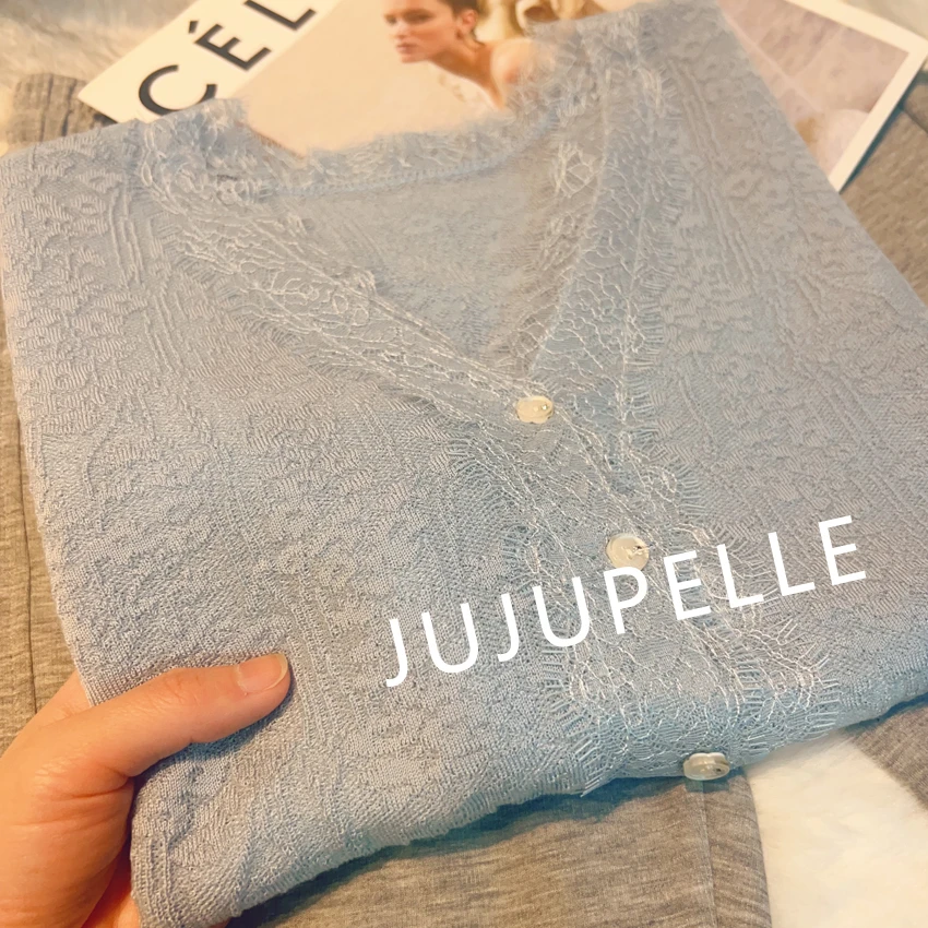 莱赛尔100夏季2025新款蕾丝V领小香风宽松开衫针织衫薄款中袖女士