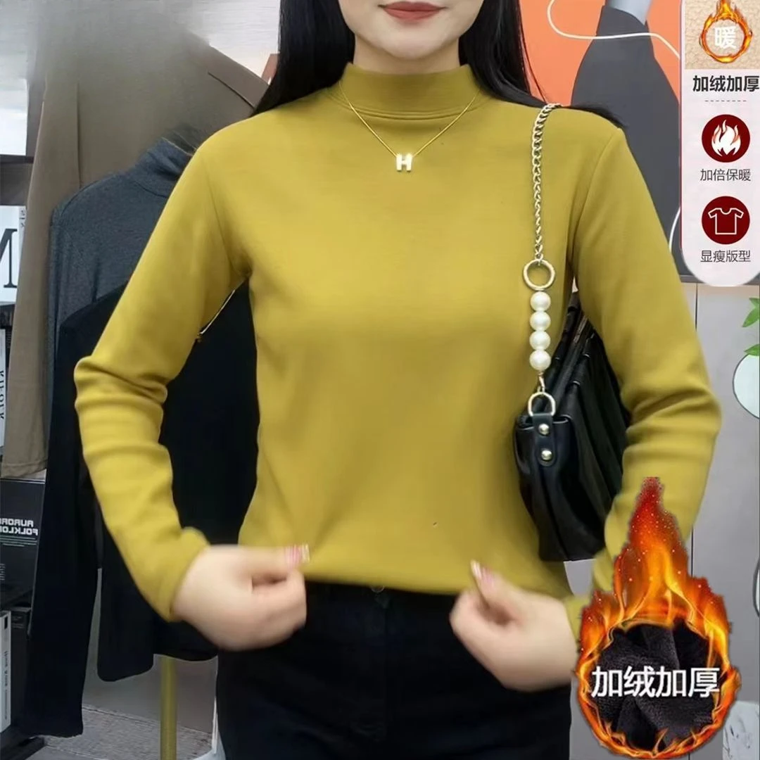 加绒加厚一体绒打底衫女秋冬内搭保暖显瘦上衣气质厚款半高领