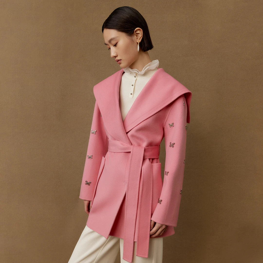 【曼德诗】海军领羊毛双面呢大衣中长款外套MC426309102