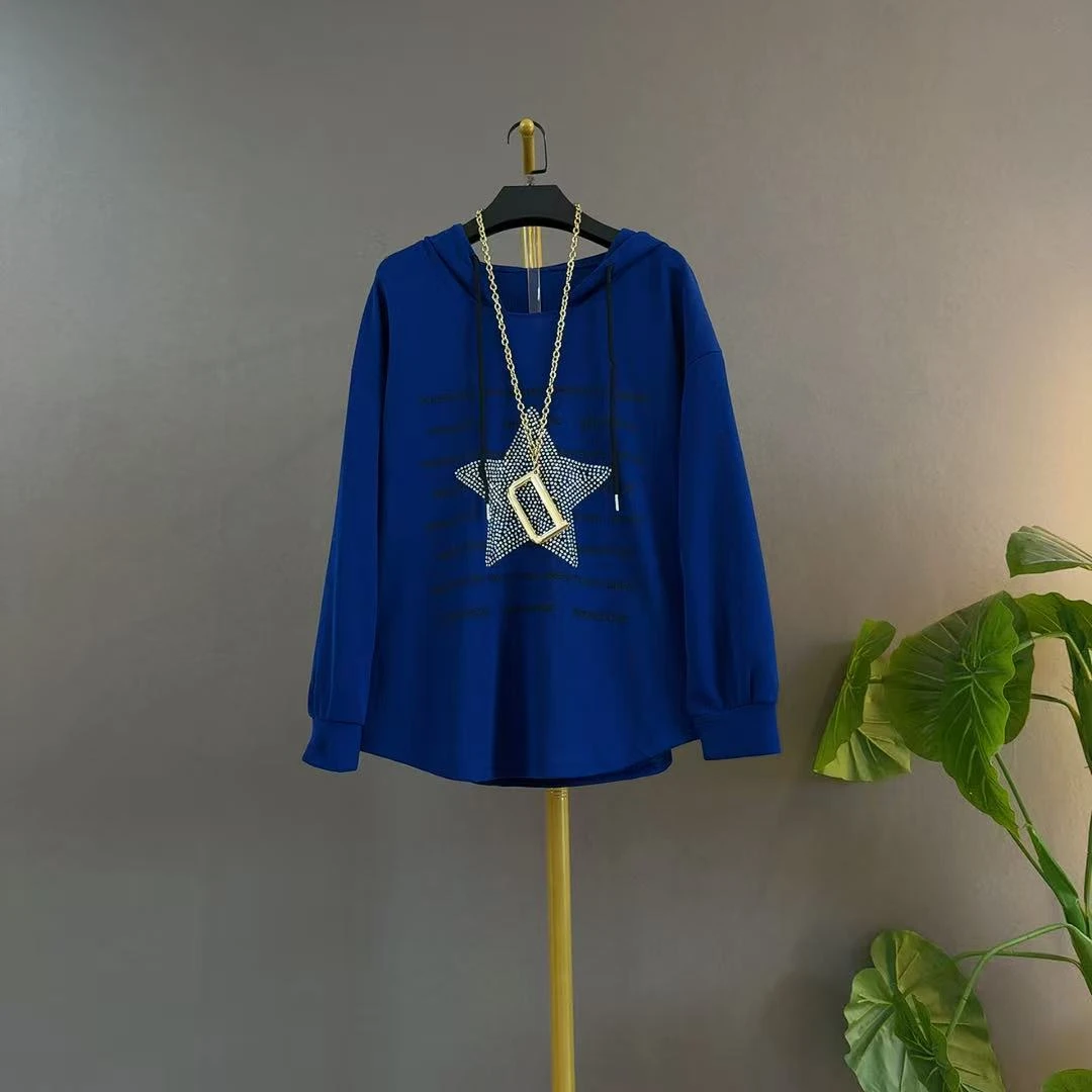 长袖休闲风烫钻套头针织冰麻连帽卫衣百搭宽松设计师遮肉大码显瘦