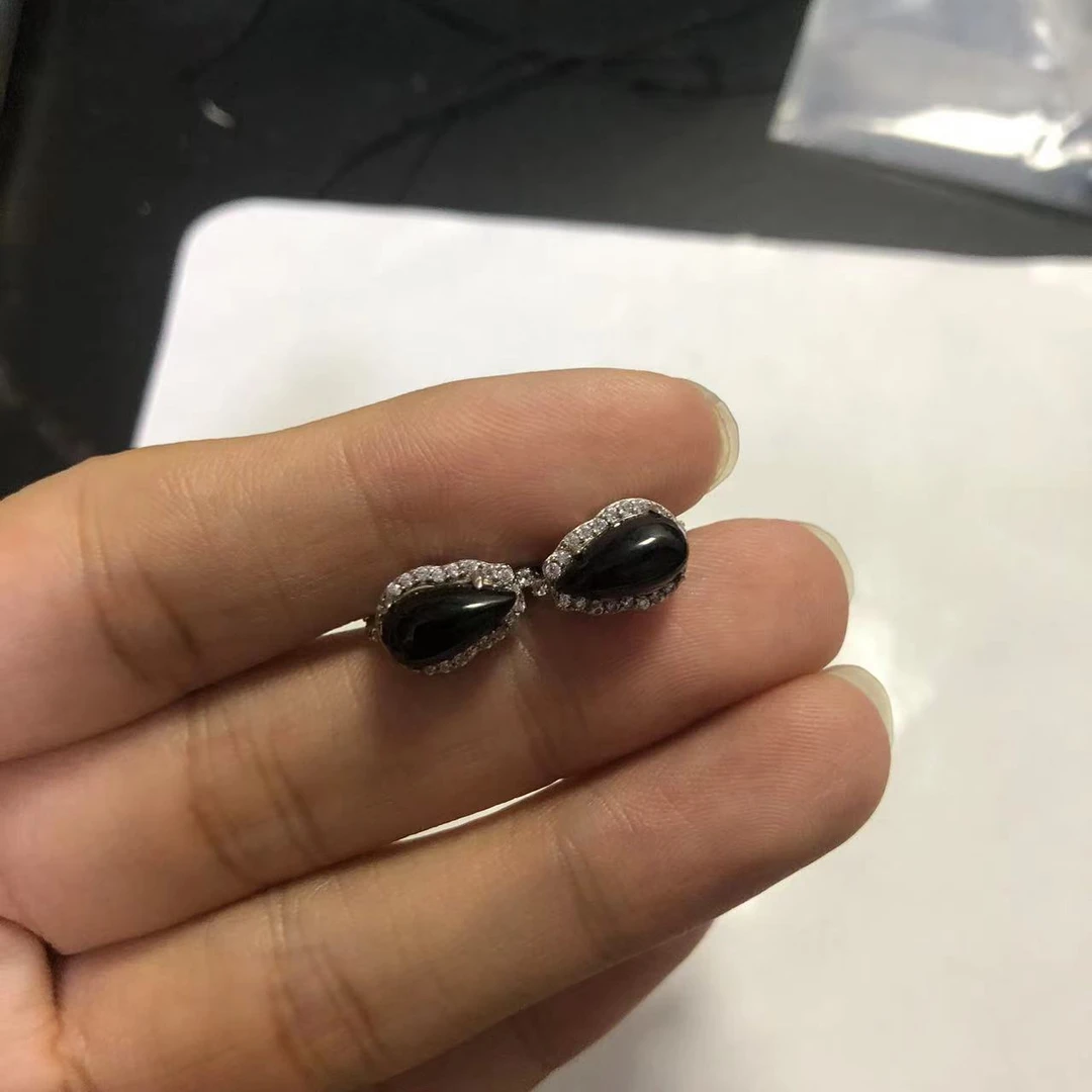 天然翡翠a货缅甸墨翠水滴925镶嵌耳包