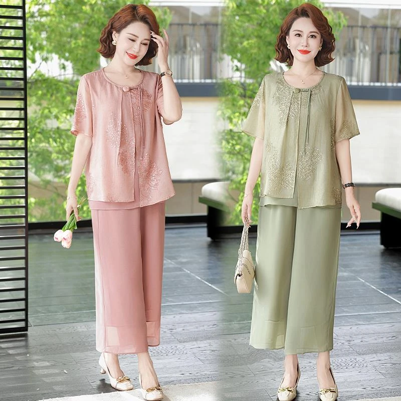 恒源祥彩羊洋气中年妈妈夏装短袖中式套装新款中老年女装夏季气质