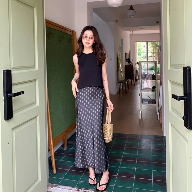 龍喜儿  复古松紧腰印花波点女夏季高级设计感鱼尾包臀裙Z204