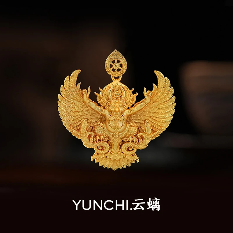 云螭 吊坠925银 小号大鹏金翅鸟吊坠大鹏鸟挂坠金色传承复古手工
