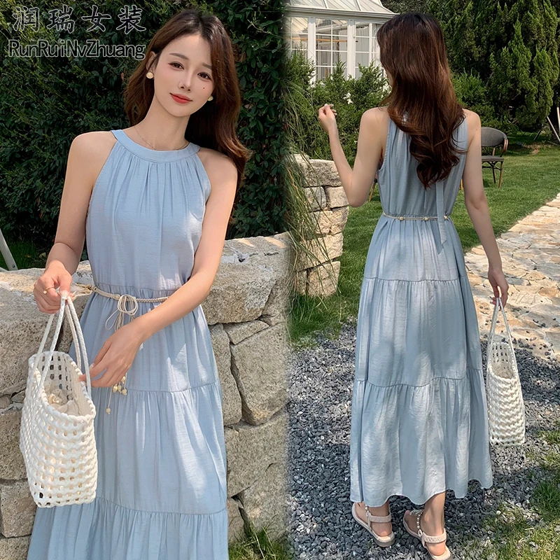 法式中长款连衣裙2025夏季新款宽松遮肉抹胸长裙小个子挂脖裙子潮