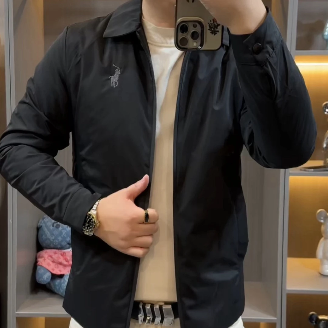 1068男士商务休闲薄棉夹克百搭中年男士外套黑色翻领休闲上衣修身