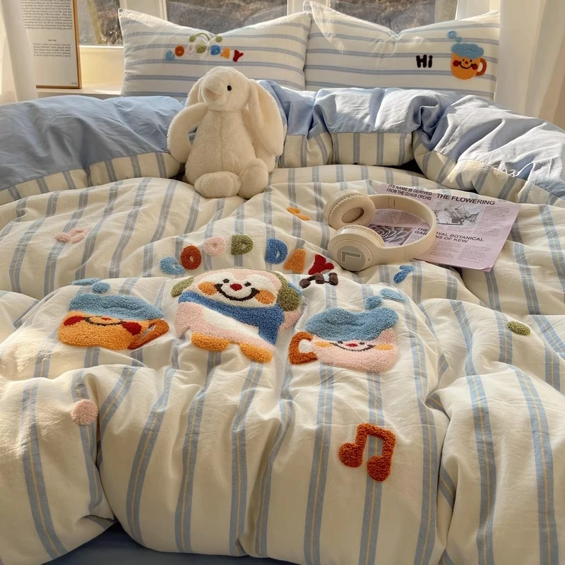 a类纯棉水洗棉床上四件套ins风毛巾绣全棉被套床单三件套儿童床品