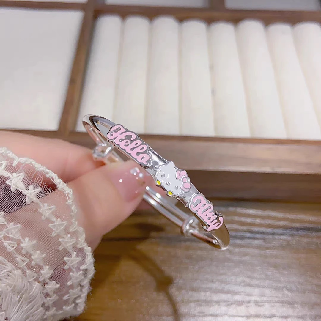 足银手镯 02号 KT猫珐琅彩推拉实心足银手镯