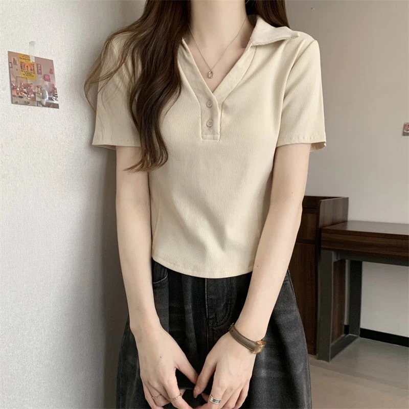 大码正肩POLO衫短袖t恤女夏季新款设计感小众胖MM显瘦遮肉V领上衣
