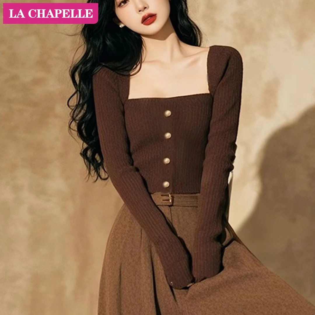 拉夏贝尔别致甜辣妹方领锁骨毛衣针织打底衫女设计感修身长袖上衣