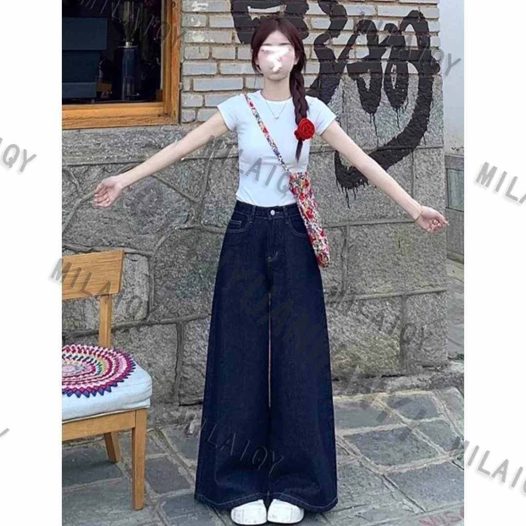 【常规】蓝色宽松阔腿牛仔裤女秋冬直筒垂感显瘦高腰休闲
