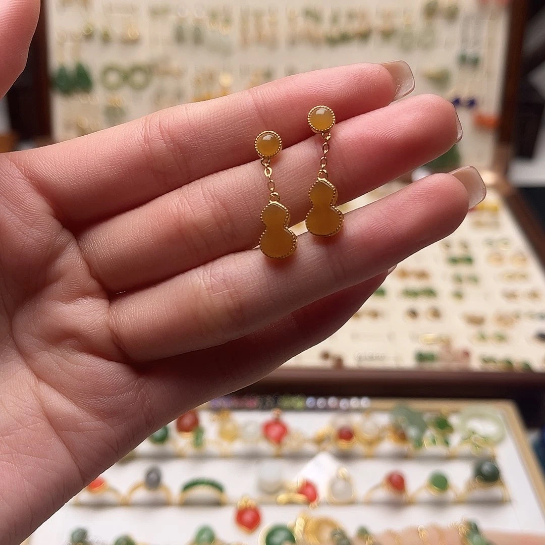 和田玉银S925镀金镶嵌耳饰