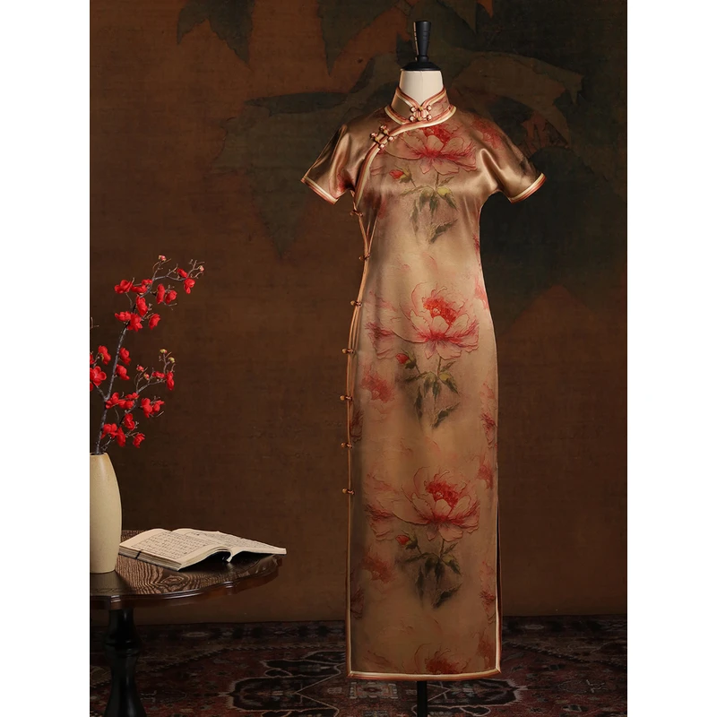 女神姑娘新品【香忆】重缎香云纱古法开襟手工长旗袍N50503-5-40