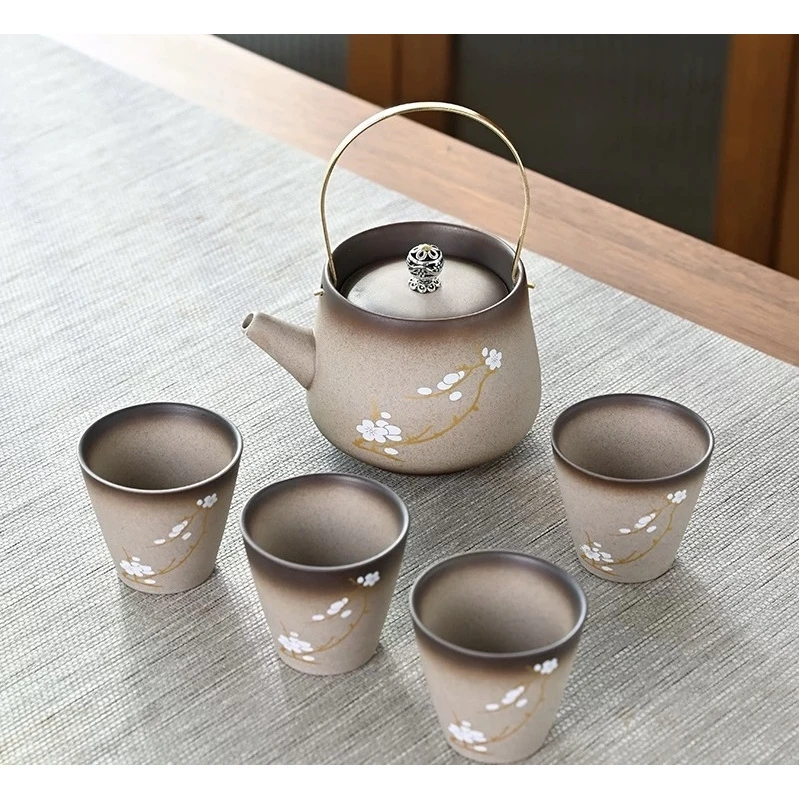 柴烧老陶泥提梁壶一壶四杯陶瓷功夫茶具便携茶具加茶盘@Z332