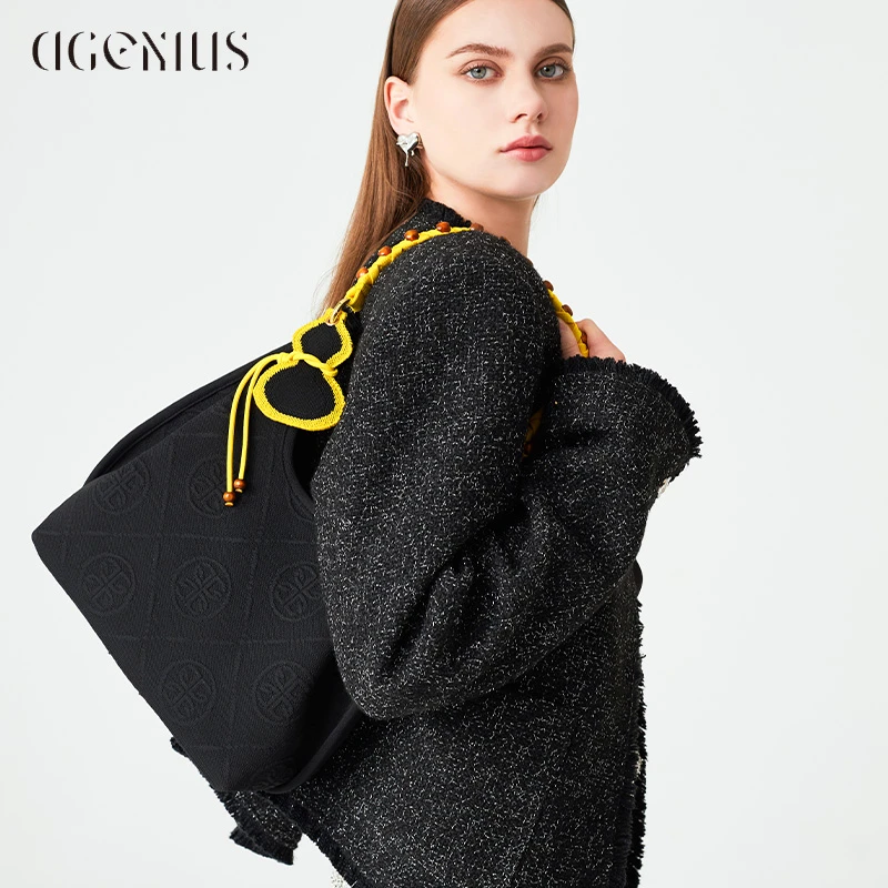 DGENIUS原创托特包包女大容量高级质感黑色腋下包通勤针织单肩包