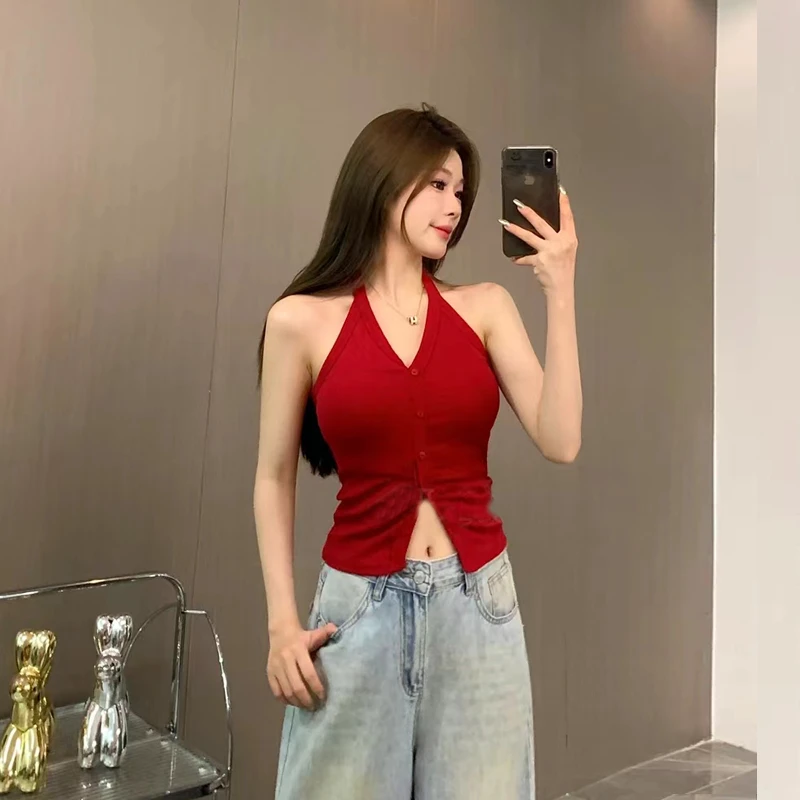 挂脖吊带背心女带胸垫纽扣开衫式内搭打底衫性感辣妹抹胸上衣外穿