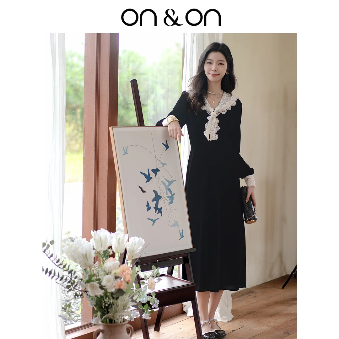ON&ON/安乃安24秋冬法式复古T领时尚丝绒长袖款连衣裙N4SA1625001